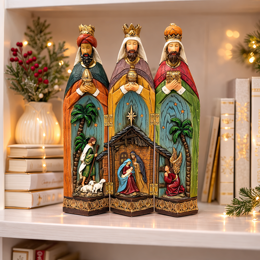 Nativity 3 Kings Three Wise Men Figurines Hand Painted Tri-Fold Holy Family Nativity Scene 11"H x 9.6"W x 1.7"D