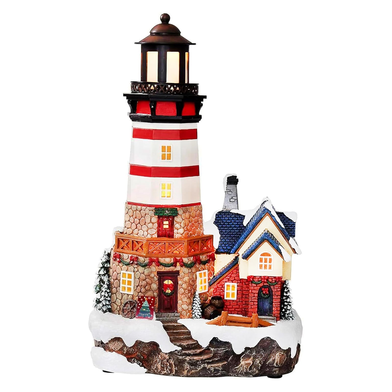Christmas Lighthouse 13.58”H Handcrafted Polyresin LED Holiday Village Scene with Coastal House Light Up Christmas Decoration with Power Adapter