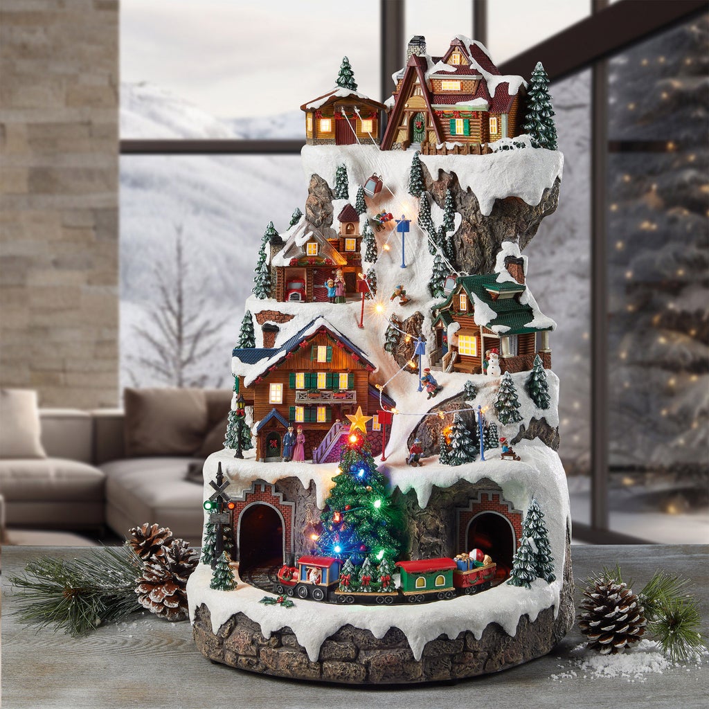 Animated Musical Christmas Village Ski Mountain with Lights and Train Hand Painted