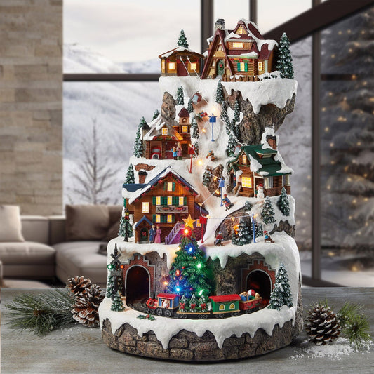 Animated Musical Christmas Village Ski Mountain with Lights and Train Hand Painted