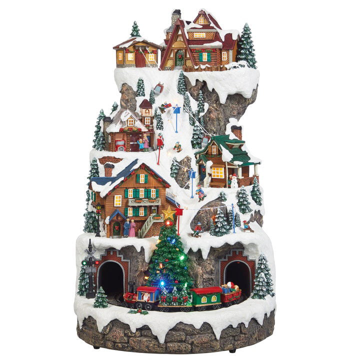 Animated Musical Christmas Village Ski Mountain with Lights and Train Hand Painted