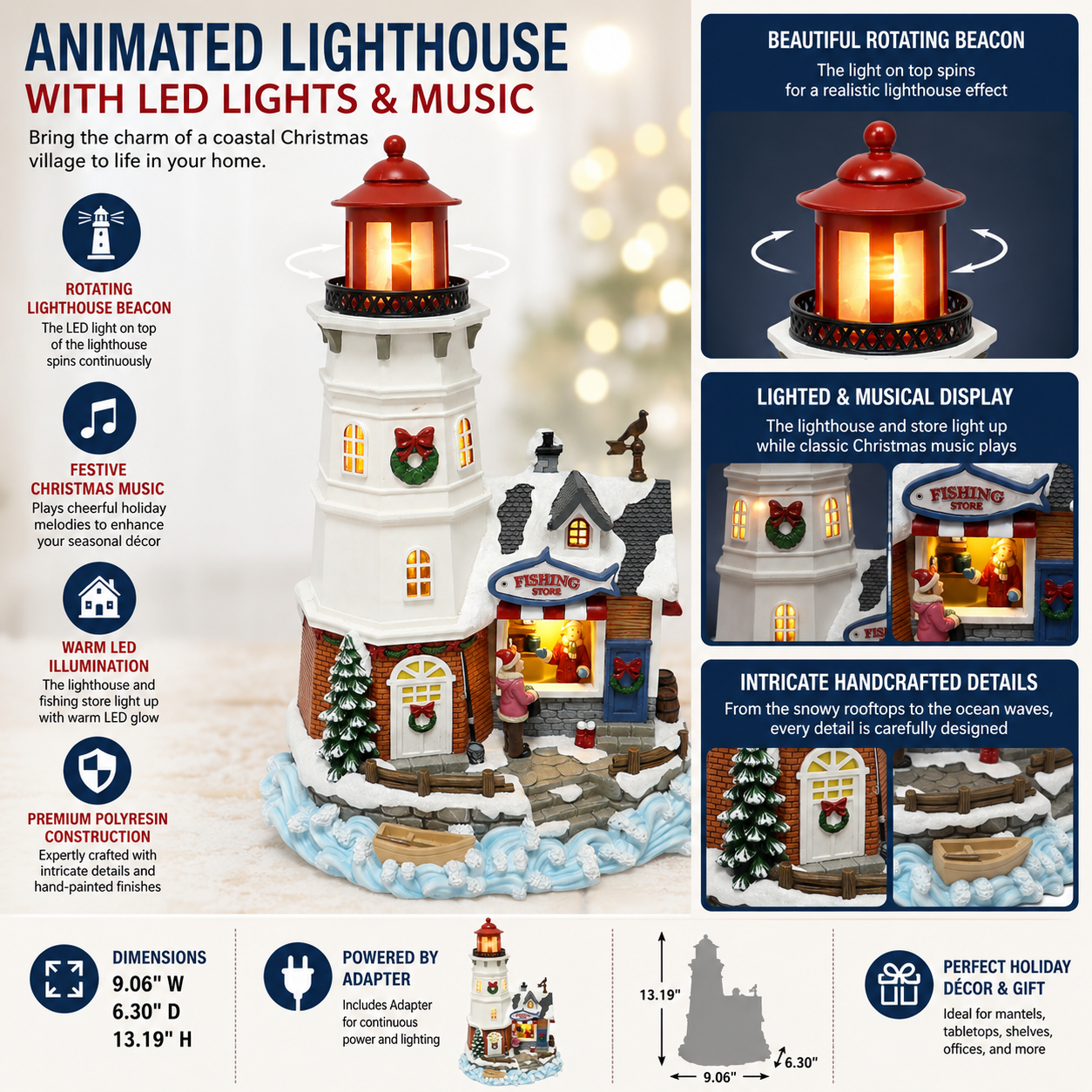 Animated Lighthouse with LED Lights & Music Fishing Store