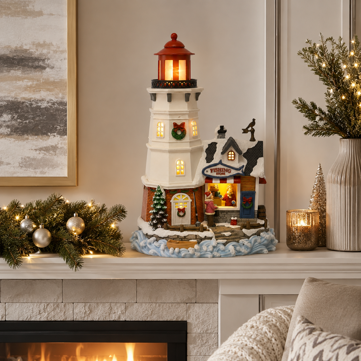 Animated Lighthouse with LED Lights & Music Fishing Store
