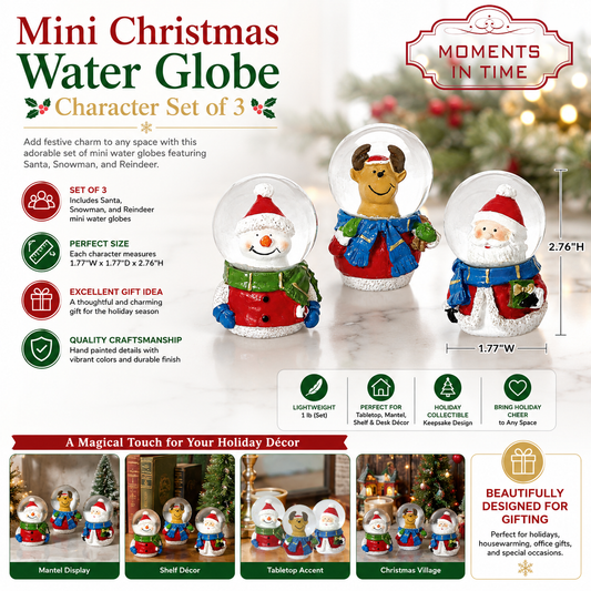Christmas Mini Water Globe Character Set of 3 Christmas Collectible Gift 2.76" Mini Snow Globe Set