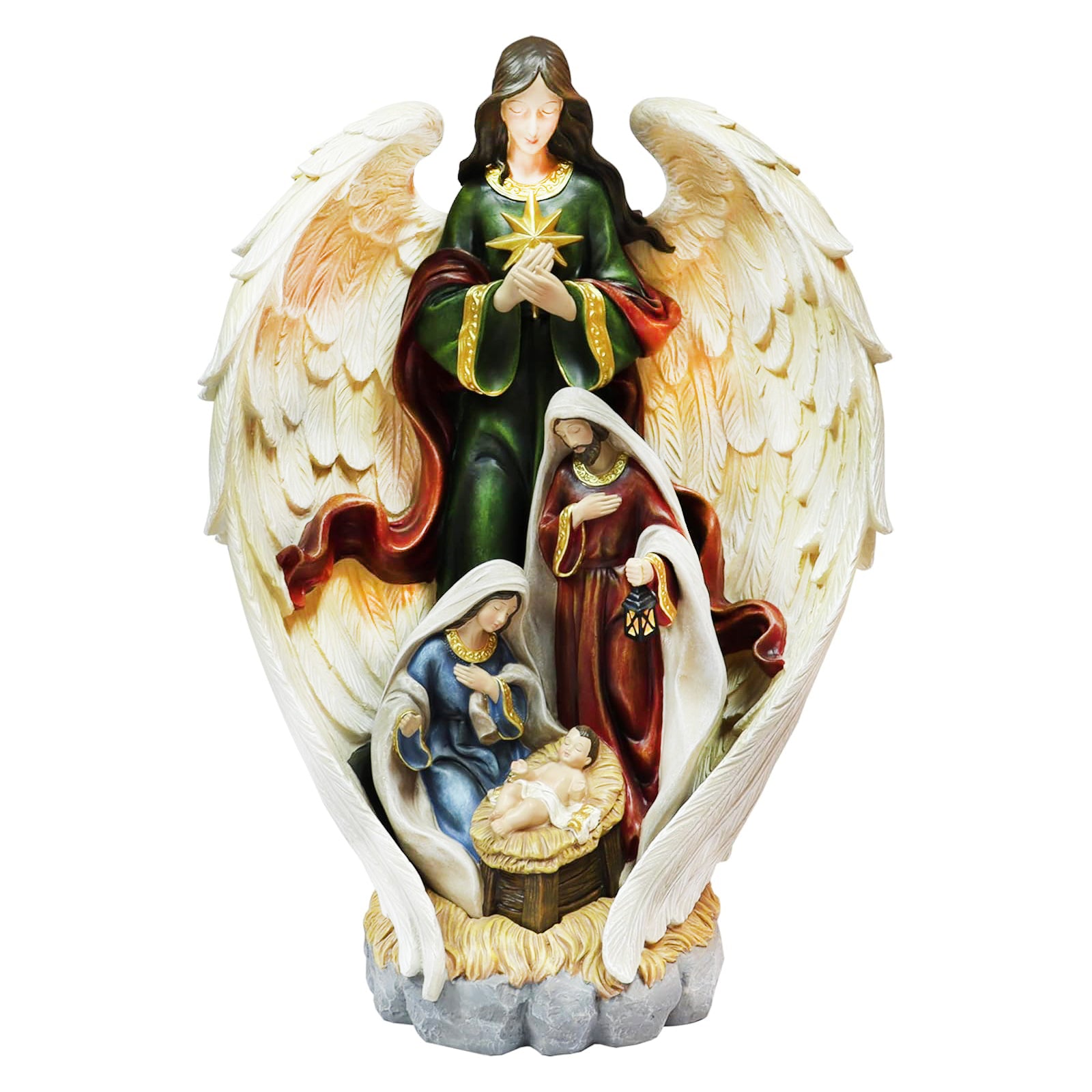 Nativity Holy Family with Angel Statue 18.6 Inch Hand Painted Polyresin