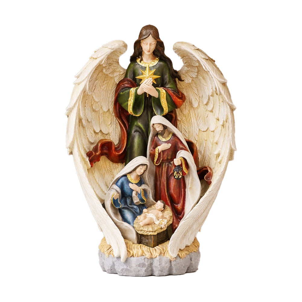 Nativity Holy Family with Angel Statue 18.6 Inch Hand Painted Polyresin