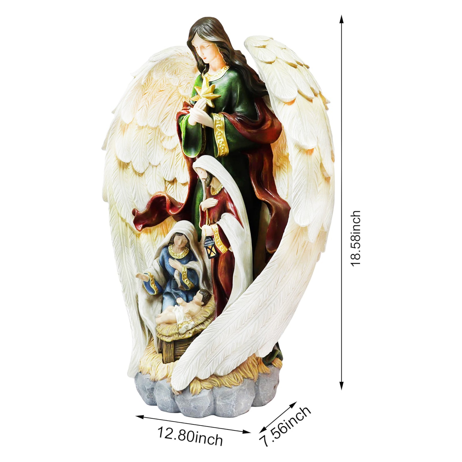 Nativity Holy Family with Angel Statue 18.6 Inch Hand Painted Polyresin