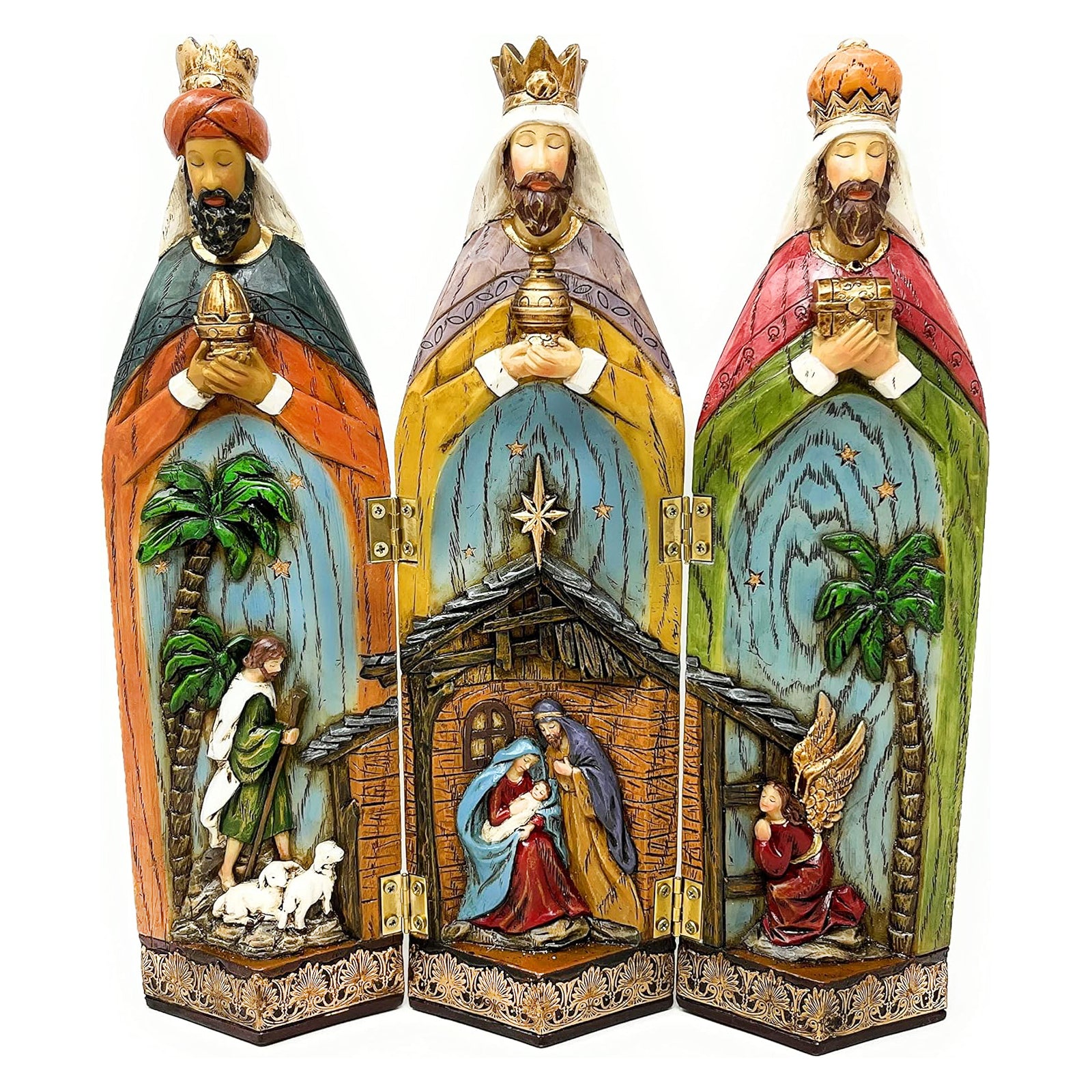 Nativity 3 Kings Three Wise Men Figurines Hand Painted Tri-Fold Holy Family Nativity Scene 11