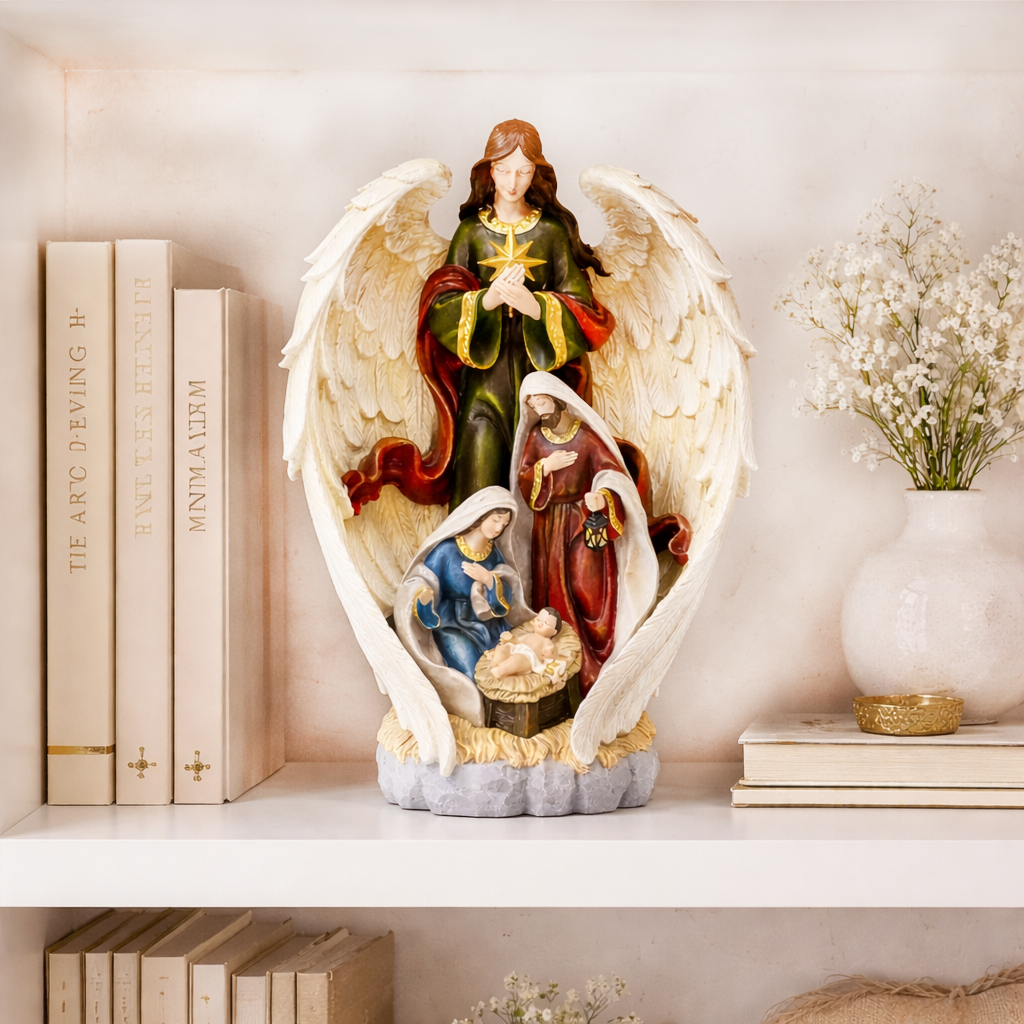 Nativity Holy Family with Angel Statue 18.6 Inch Hand Painted Polyresin