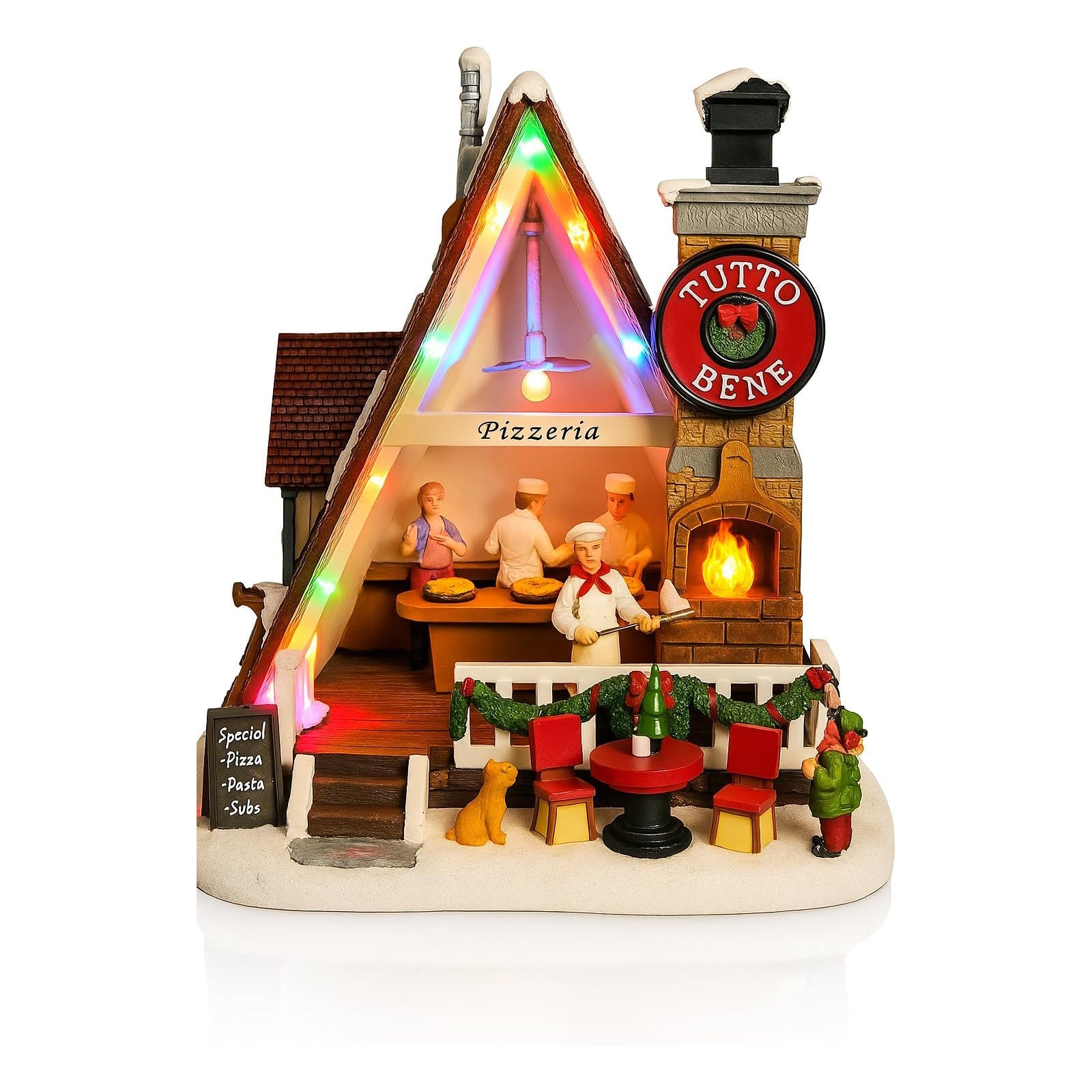 Pizza Christmas Village Pizza Shop Scene LED Musical Pizzeria Scene Handcrafted Italian Restaurant Holiday Decoration