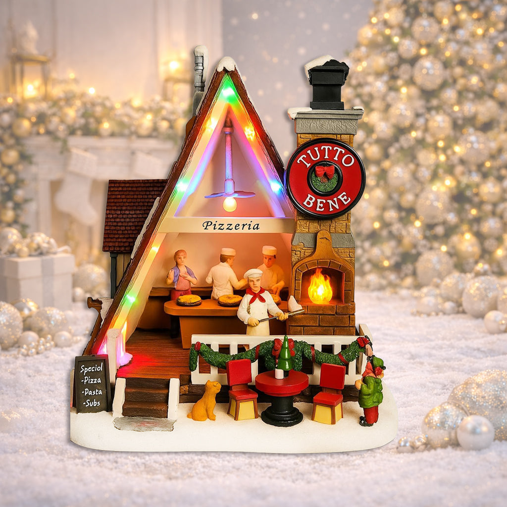 Pizza Christmas Village Pizza Shop Scene LED Musical Pizzeria Scene Handcrafted Italian Restaurant Holiday Decoration