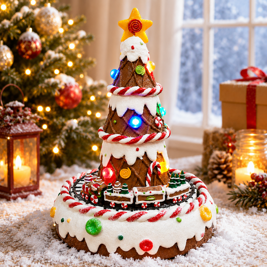 Gingerbread Christmas Tree with Animated Train