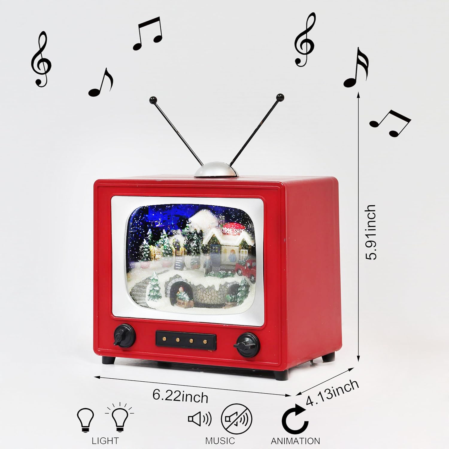 Red Retro TV with Mountain Scene (Animated Train) - LED Lights - 8 Classic Carols Christmas Music