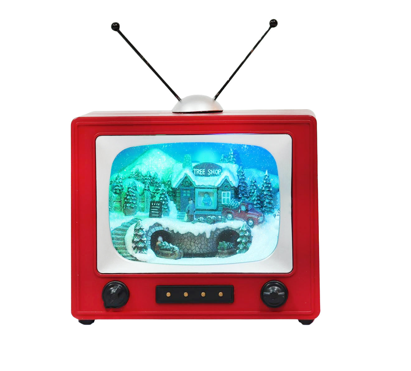 Red Retro TV with Mountain Scene (Animated Train) - LED Lights - 8 Classic Carols Christmas Music