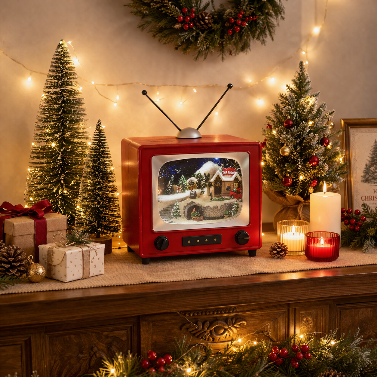 Red Retro TV with Mountain Scene (Animated Train) - LED Lights - 8 Classic Carols Christmas Music