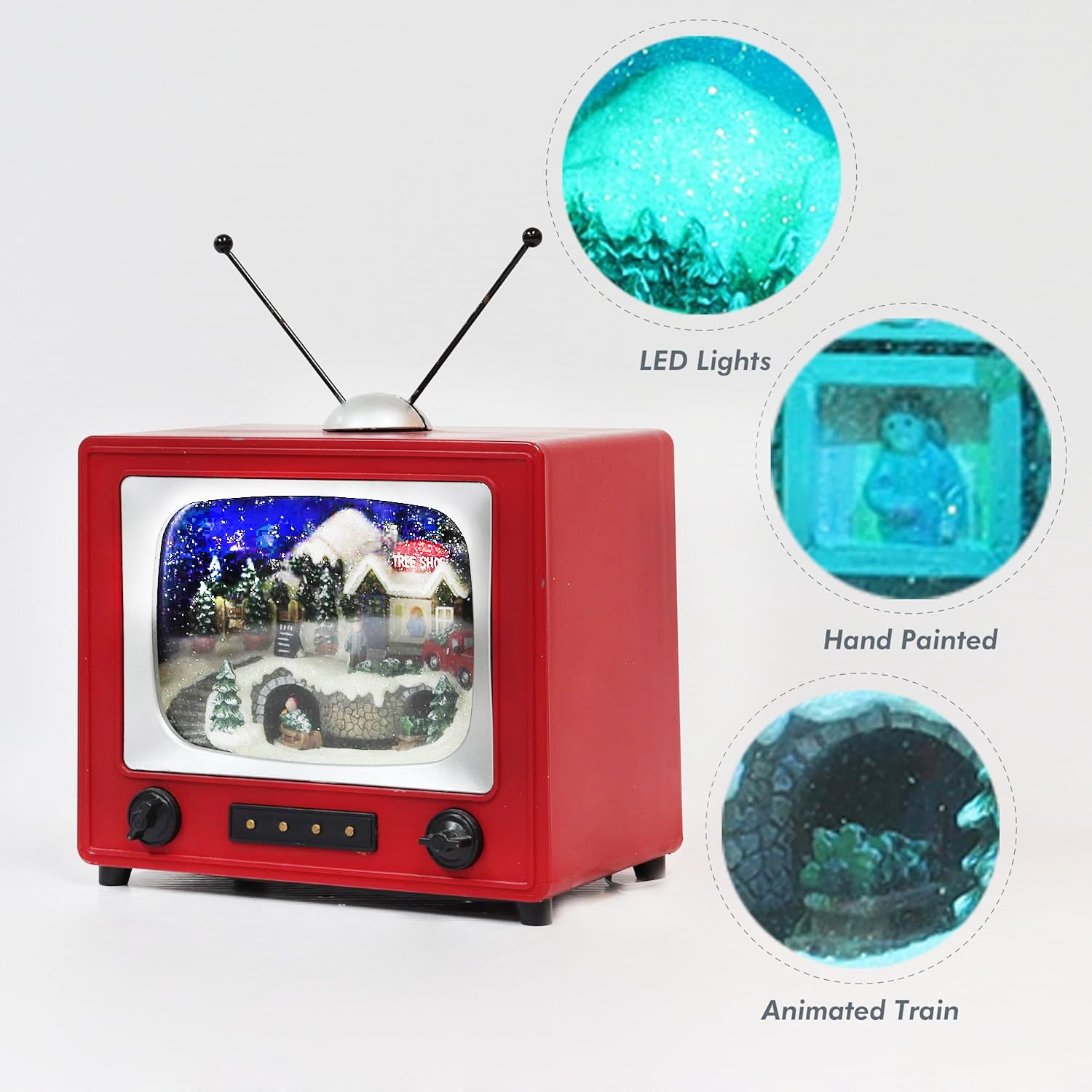 Red Retro TV with Mountain Scene (Animated Train) - LED Lights - 8 Classic Carols Christmas Music