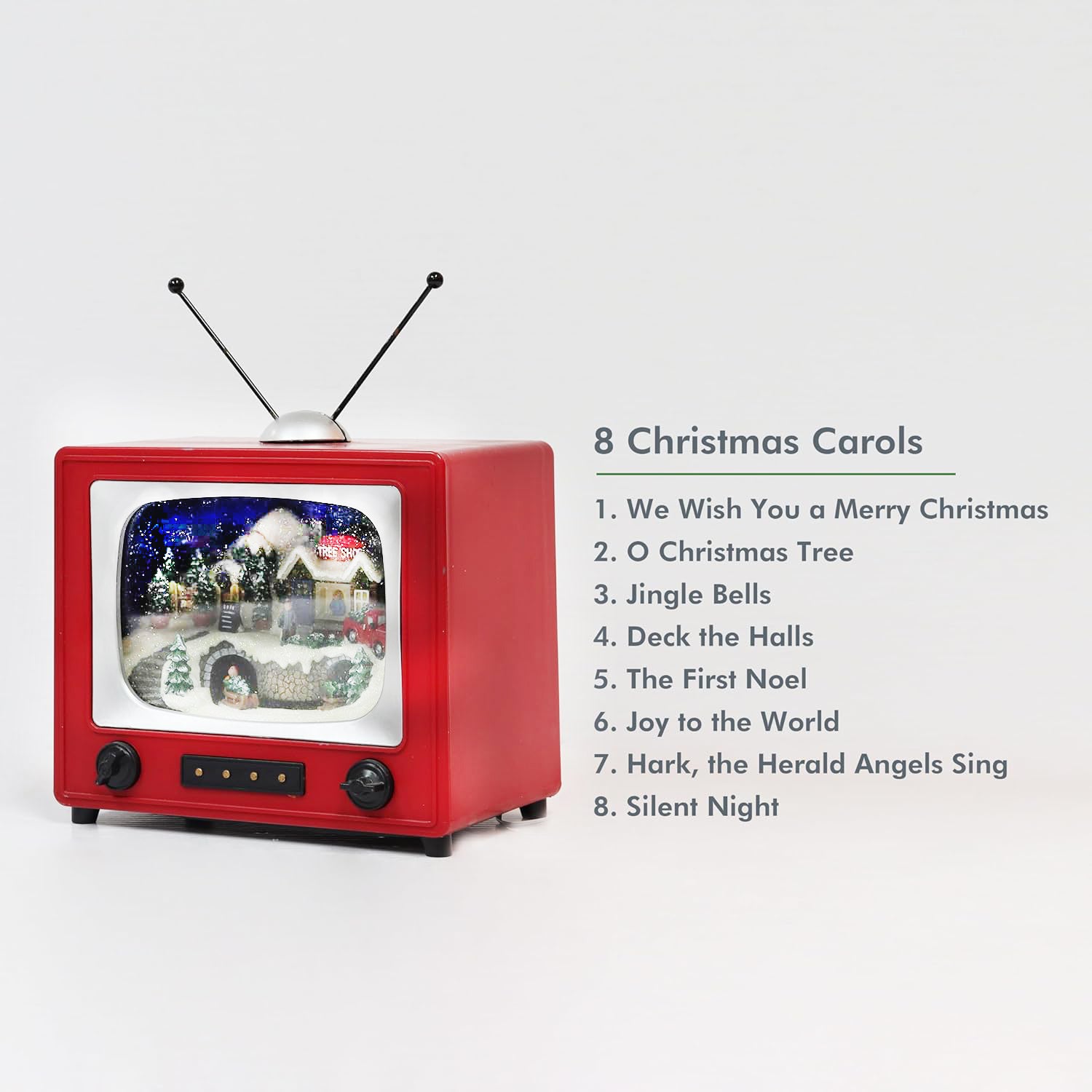 Red Retro TV with Mountain Scene (Animated Train) - LED Lights - 8 Classic Carols Christmas Music