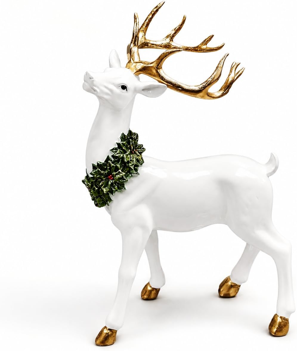 Gold Antler Reindeer Figurine with Wreath, Handcrafted Resin Christmas Decor, 18.5”H