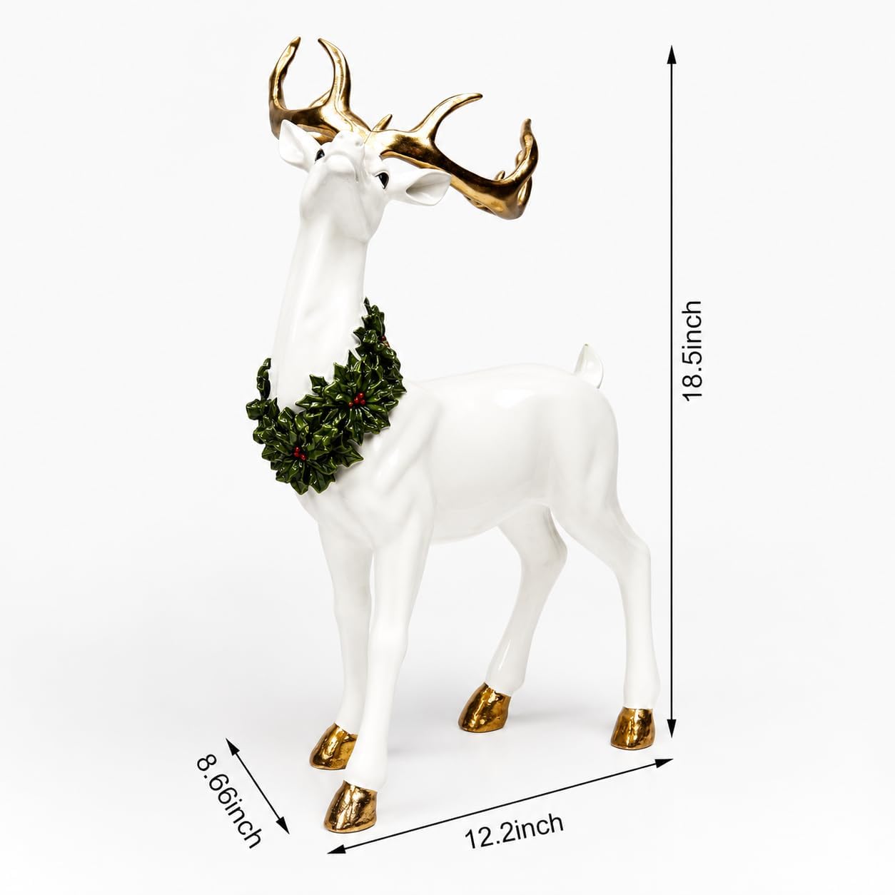 Gold Antler Reindeer Figurine with Wreath, Handcrafted Resin Christmas Decor, 18.5”H