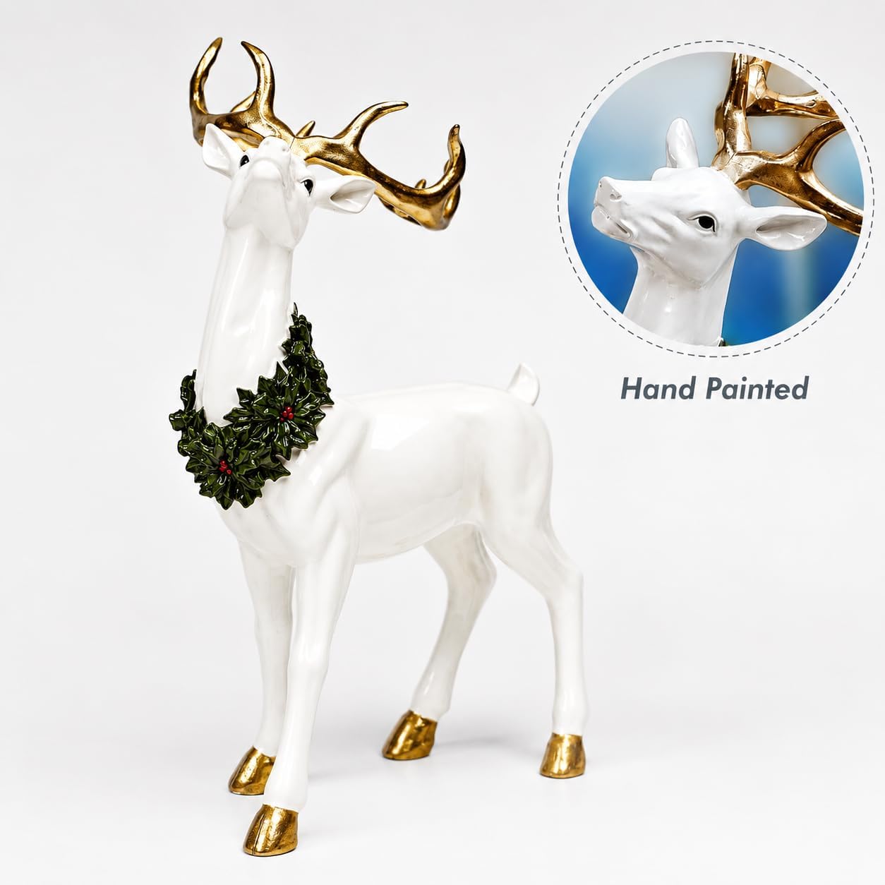 Gold Antler Reindeer Figurine with Wreath, Handcrafted Resin Christmas Decor, 18.5”H