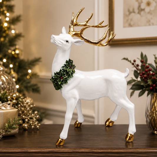 Gold Antler Reindeer Figurine with Wreath, Handcrafted Resin Christmas Decor, 18.5”H