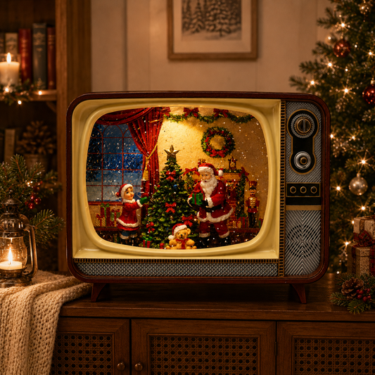 Retro Christmas TV LED Water Spinner Santa Scene Lighted Holiday Snow Globe Decor Battery Operated Acrylic Vintage Television with Spinning Glitter Warm