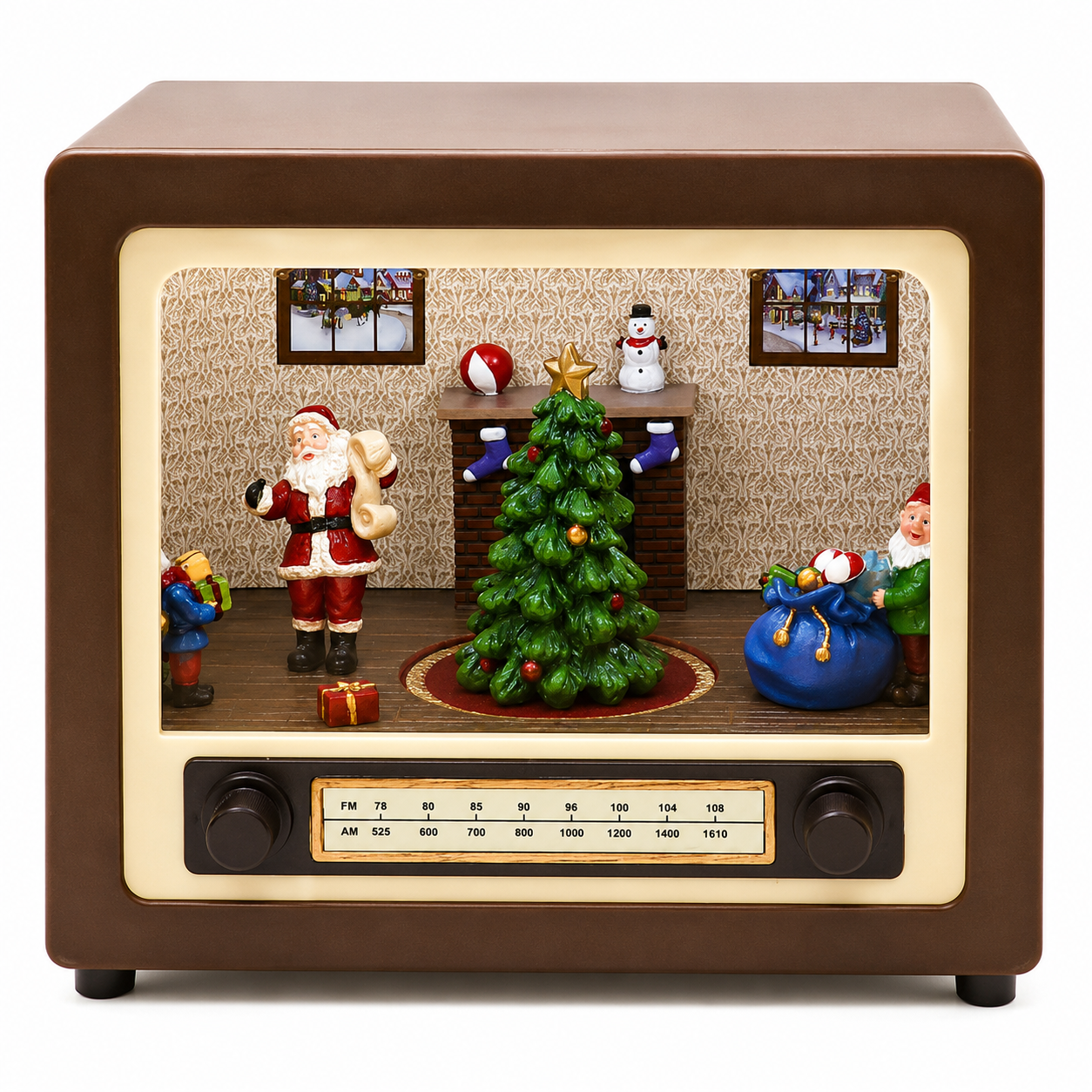 Retro Radio with Santa’s Home Scene 5.5” LED Lighted Musical Christmas Décor, Animated Moving Tree