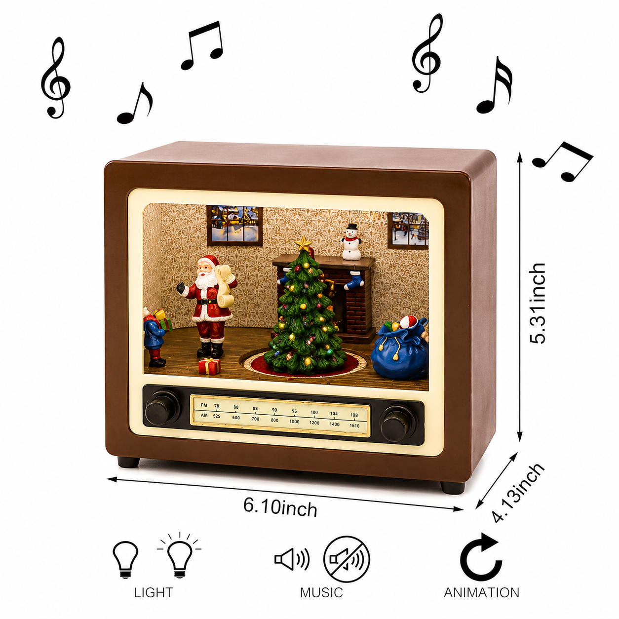 Retro Radio with Santa’s Home Scene 5.5” LED Lighted Musical Christmas Décor, Animated Moving Tree