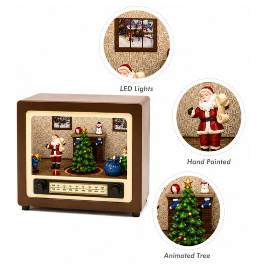Retro Radio with Santa’s Home Scene 5.5” LED Lighted Musical Christmas Décor, Animated Moving Tree