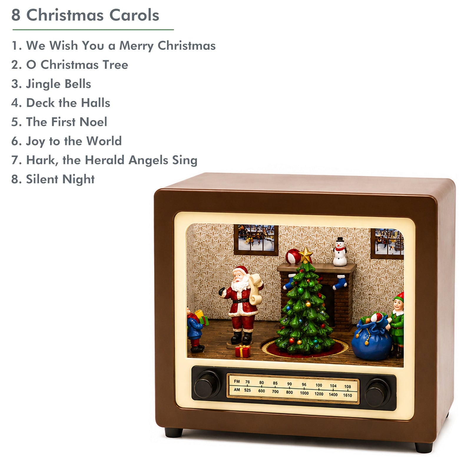 Retro Radio with Santa’s Home Scene 5.5” LED Lighted Musical Christmas Décor, Animated Moving Tree