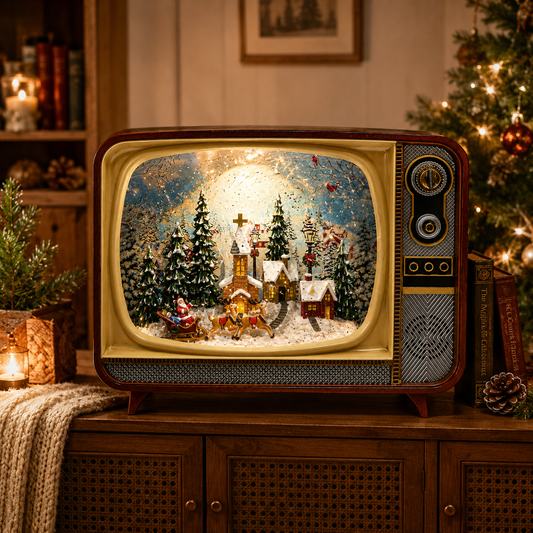 Retro Christmas TV Scene LED Light-Up Water Spinning Snow Globe Battery Operated