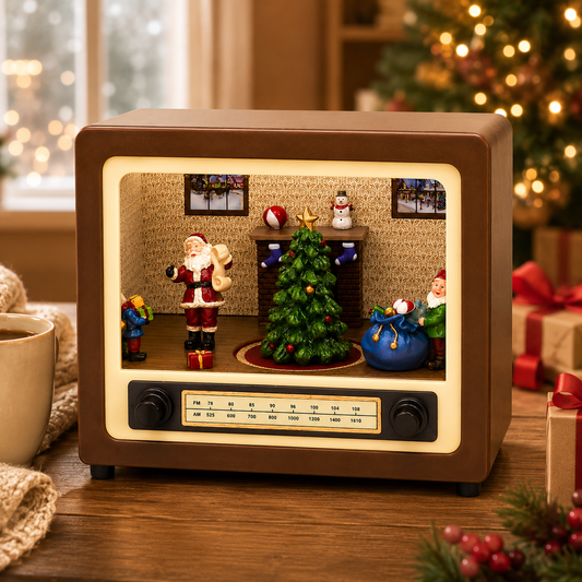 Retro Radio with Santa’s Home Scene 5.5” LED Lighted Musical Christmas Décor, Animated Moving Tree