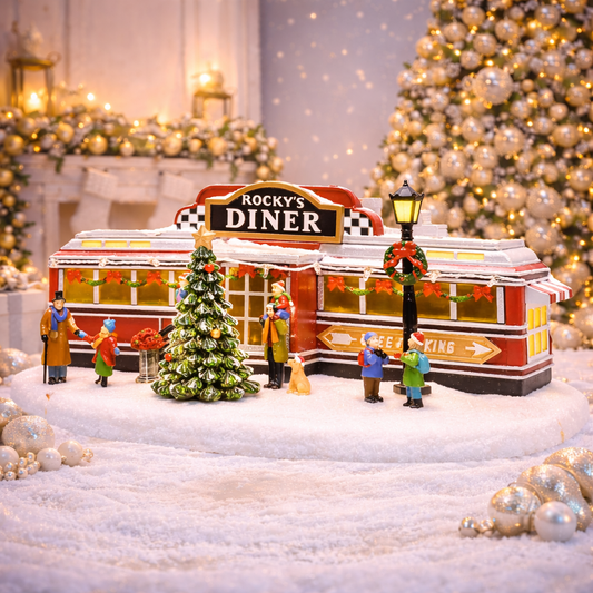 Christmas Village Building, Rocky's Diner, Retro 1950's Diner with LED Lights and Christmas Music