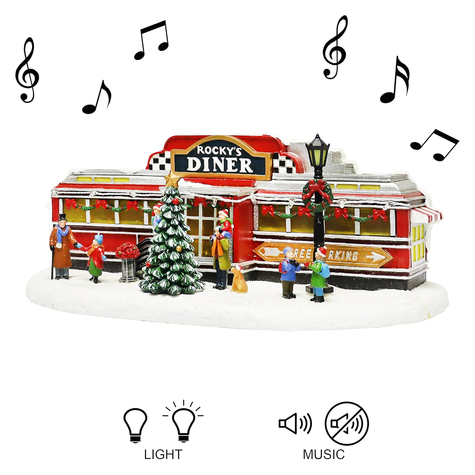 Christmas Village Building, Rocky's Diner, Retro 1950's Diner with LED Lights and Christmas Music