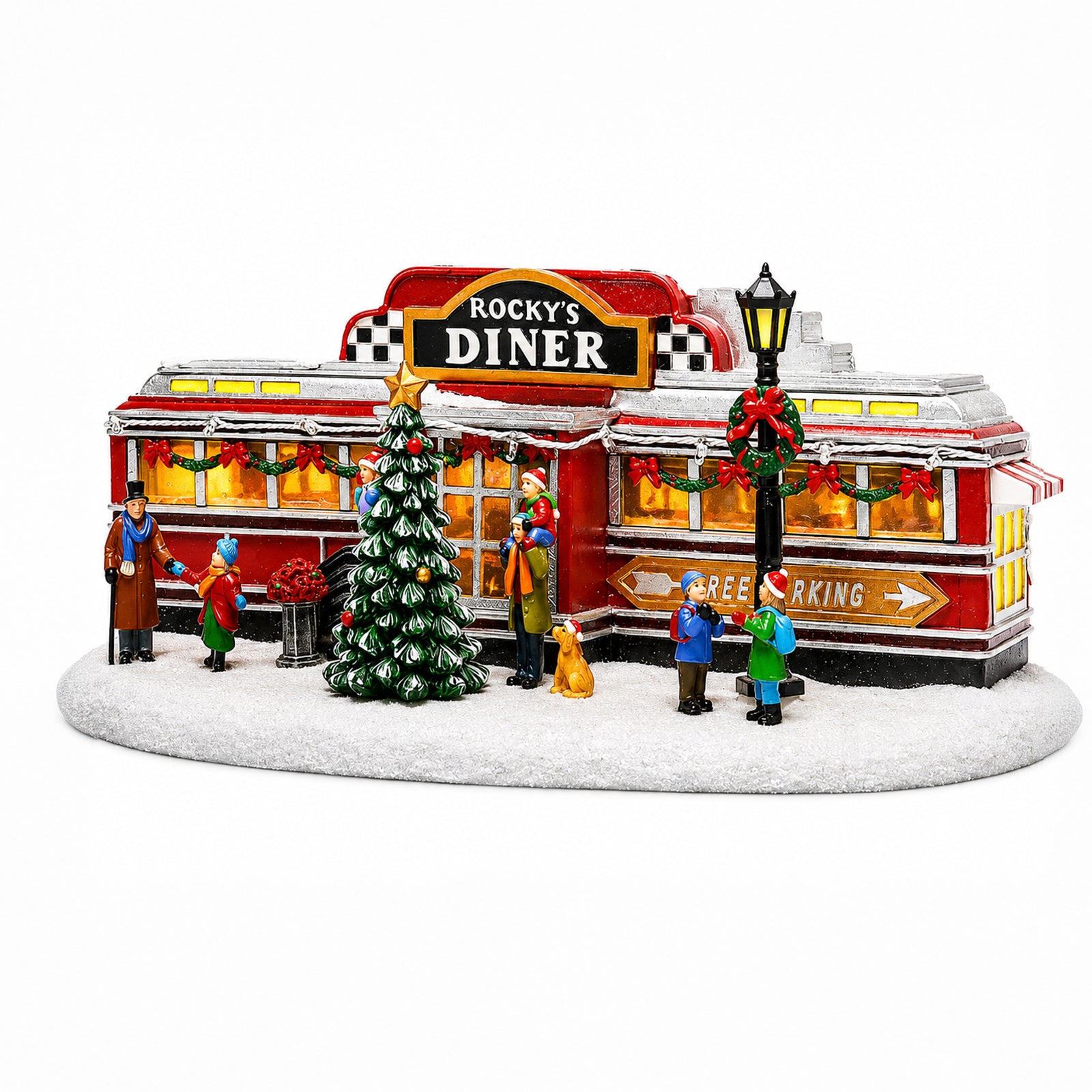 Christmas Village Building, Rocky's Diner, Retro 1950's Diner with LED Lights and Christmas Music