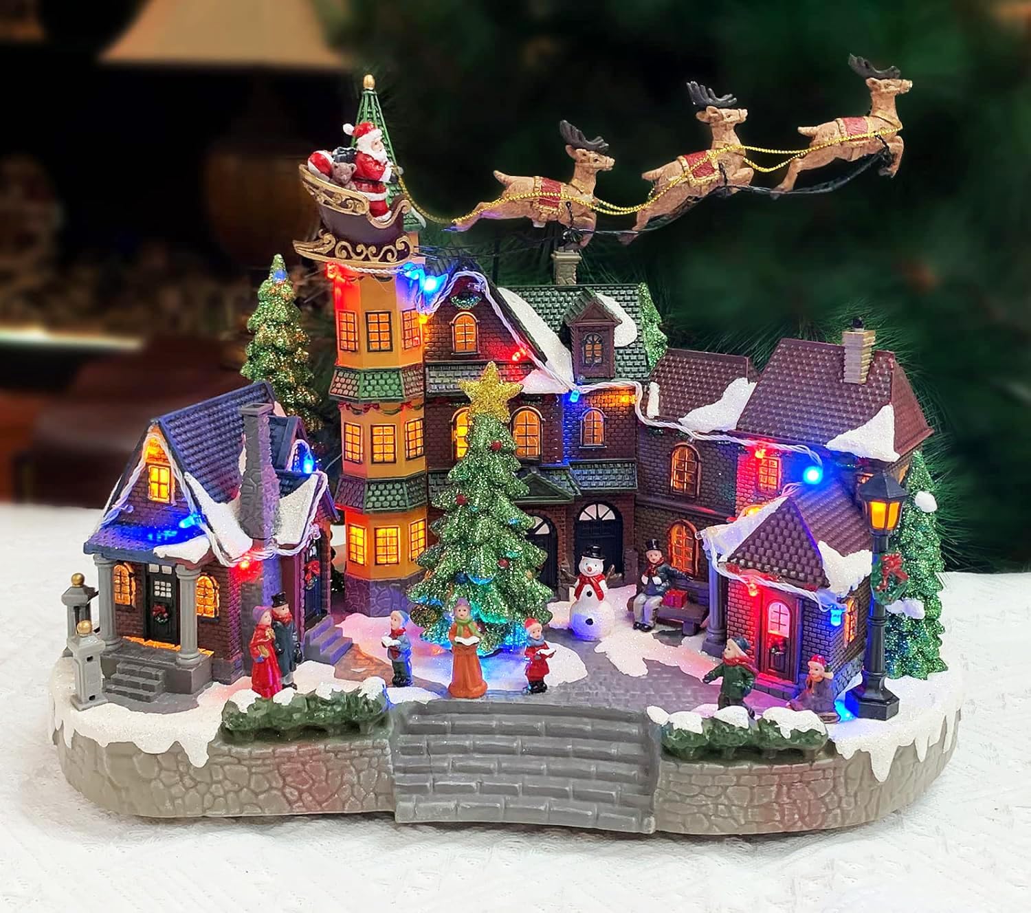 Santa Riding Sleigh Flying Over The Town Center Featuring LED Lights and Animation Power Adapter (Included)