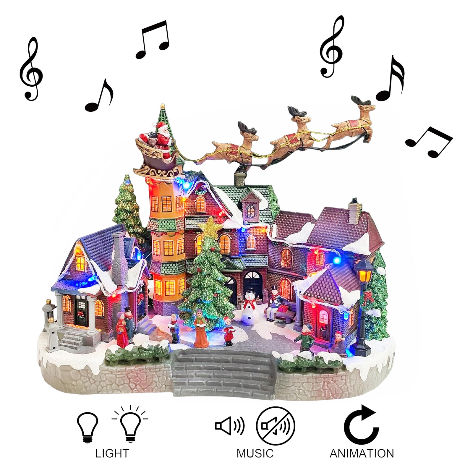 Santa Riding Sleigh Flying Over The Town Center Featuring LED Lights and Animation Power Adapter (Included)