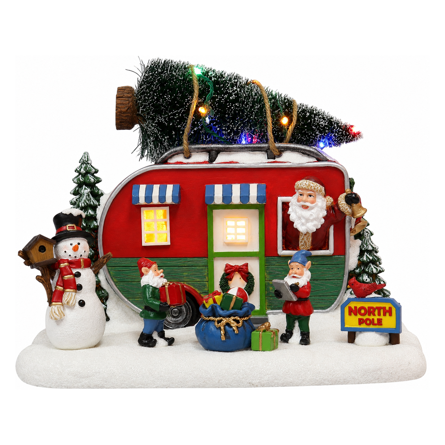 Santa Trailer Christmas Village Lighted Camper Scene 7.3” with LED Lights & Music Hand-Painted