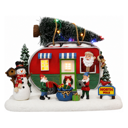 Santa Trailer Christmas Village Lighted Camper Scene 7.3” with LED Lights & Music Hand-Painted
