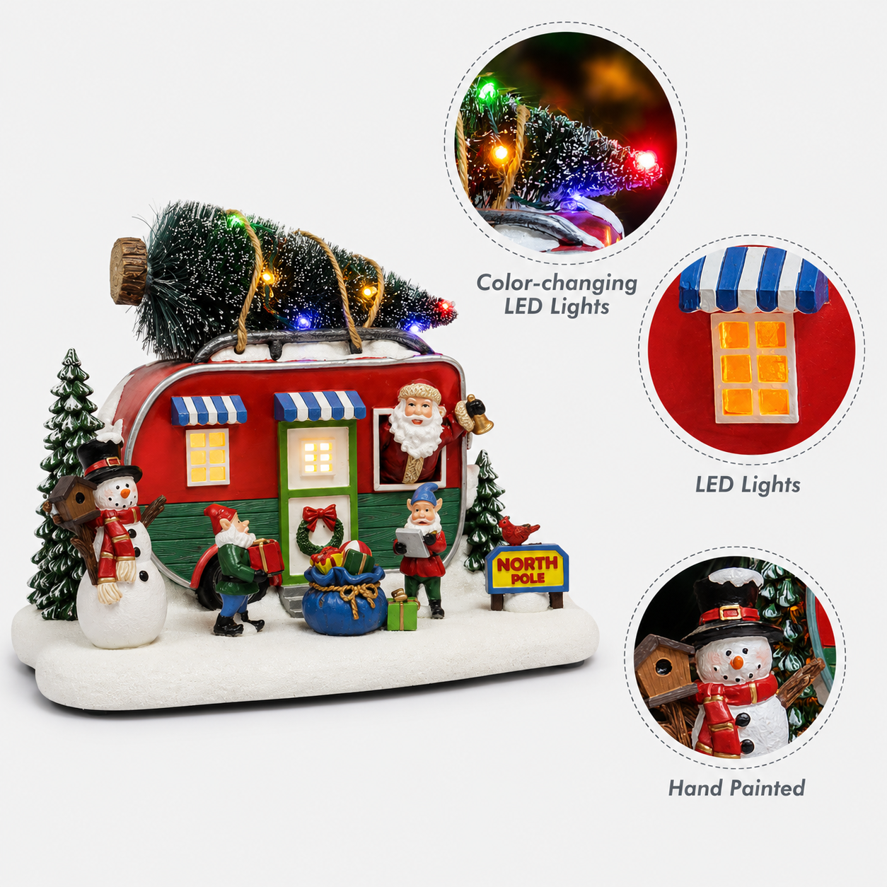 Santa Trailer Christmas Village Lighted Camper Scene 7.3” with LED Lights & Music Hand-Painted
