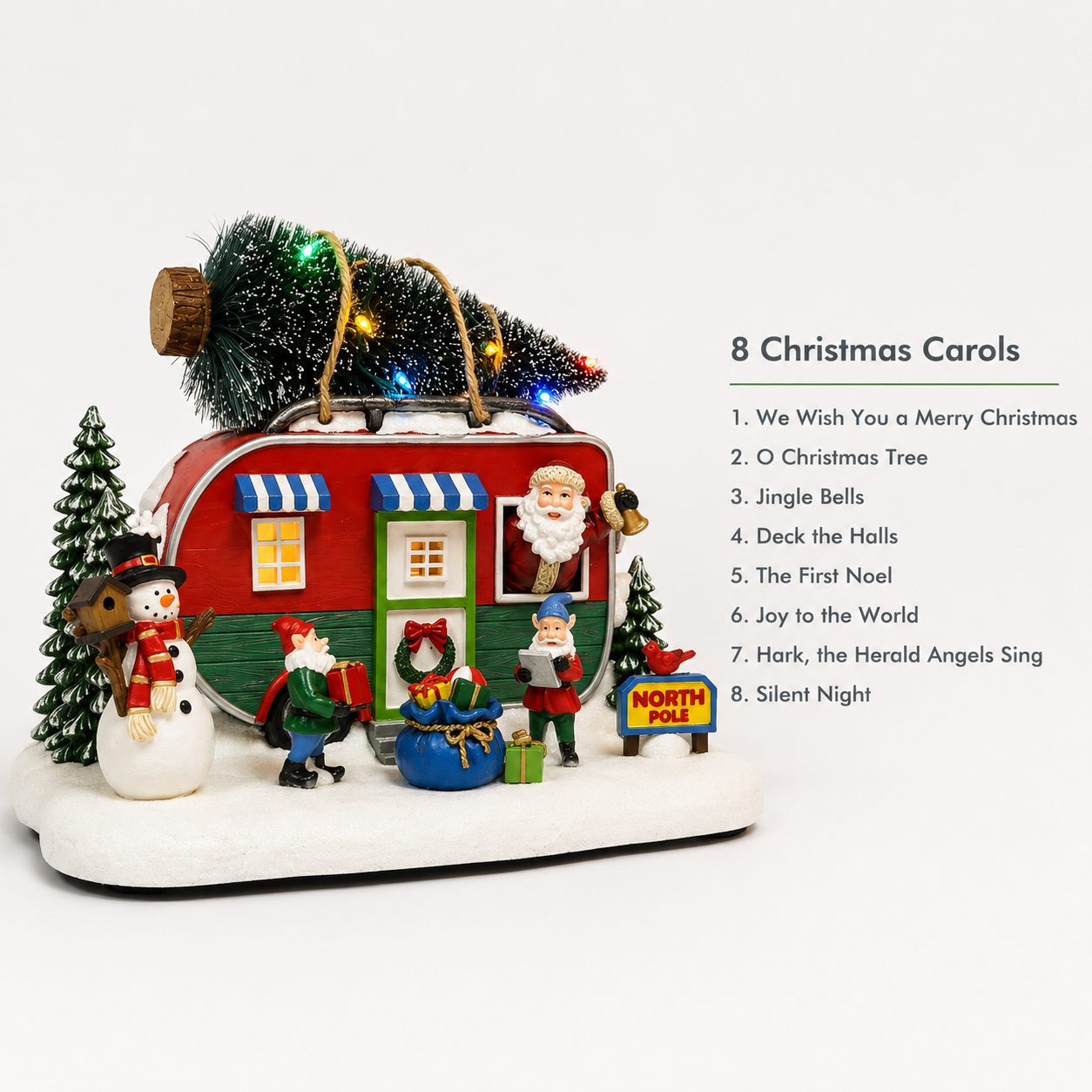 Santa Trailer Christmas Village Lighted Camper Scene 7.3” with LED Lights & Music Hand-Painted