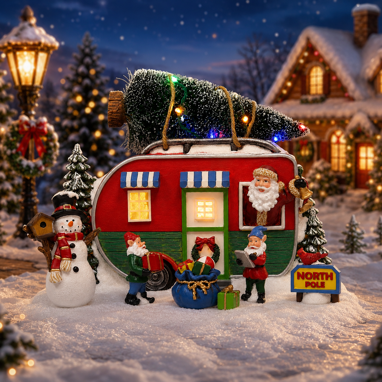 Santa Trailer Christmas Village Lighted Camper Scene 7.3” with LED Lights & Music Hand-Painted