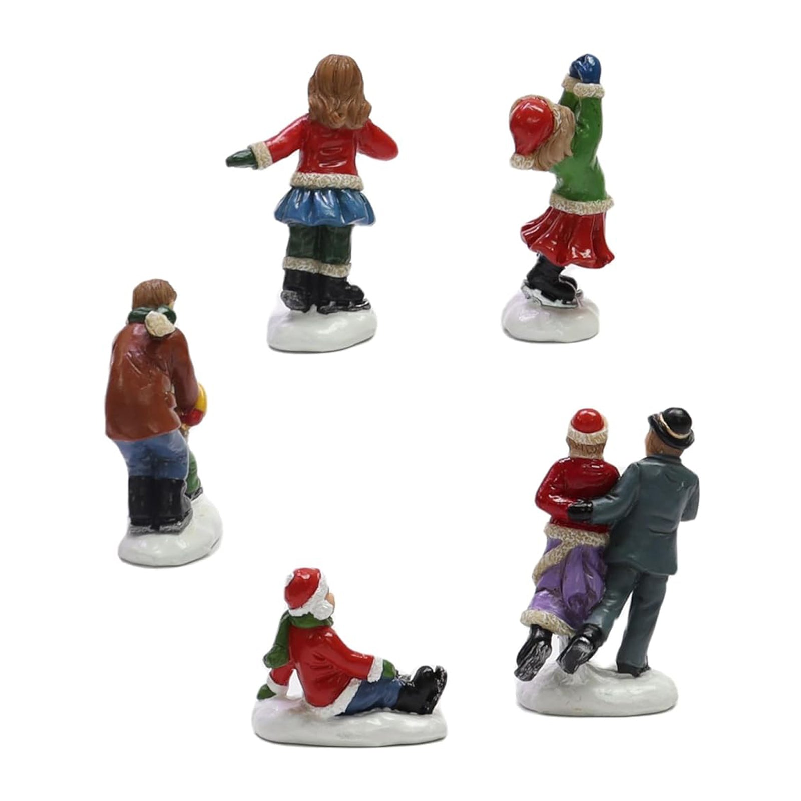 Set of 5 Hand-Painted Christmas Village Figurines Skiers