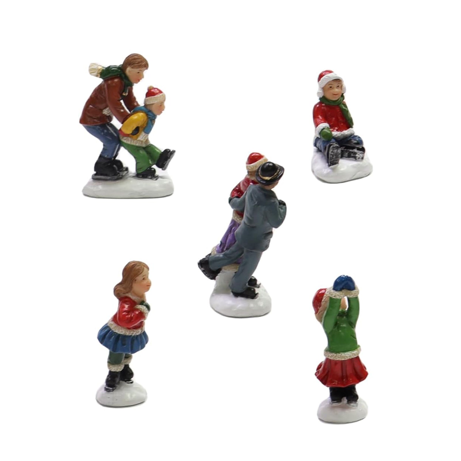 Set of 5 Hand-Painted Christmas Village Figurines Skiers