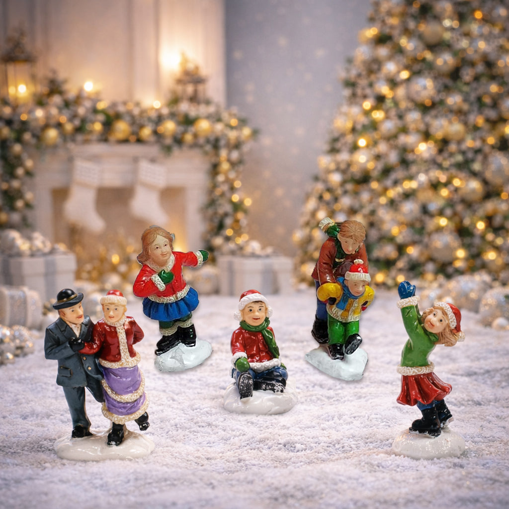 Set of 5 Hand-Painted Christmas Village Figurines Skiers