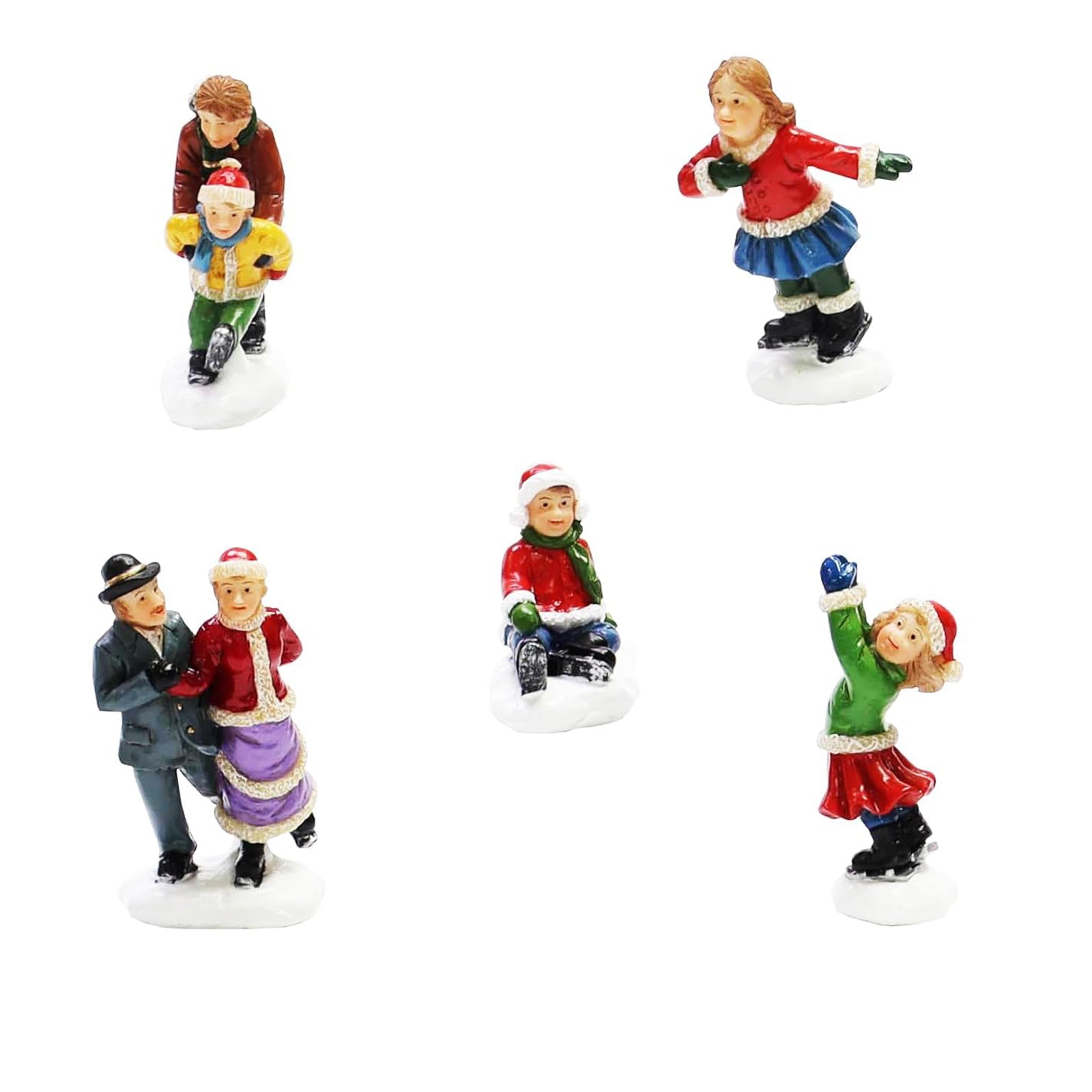 Set of 5 Hand-Painted Christmas Village Figurines Skiers