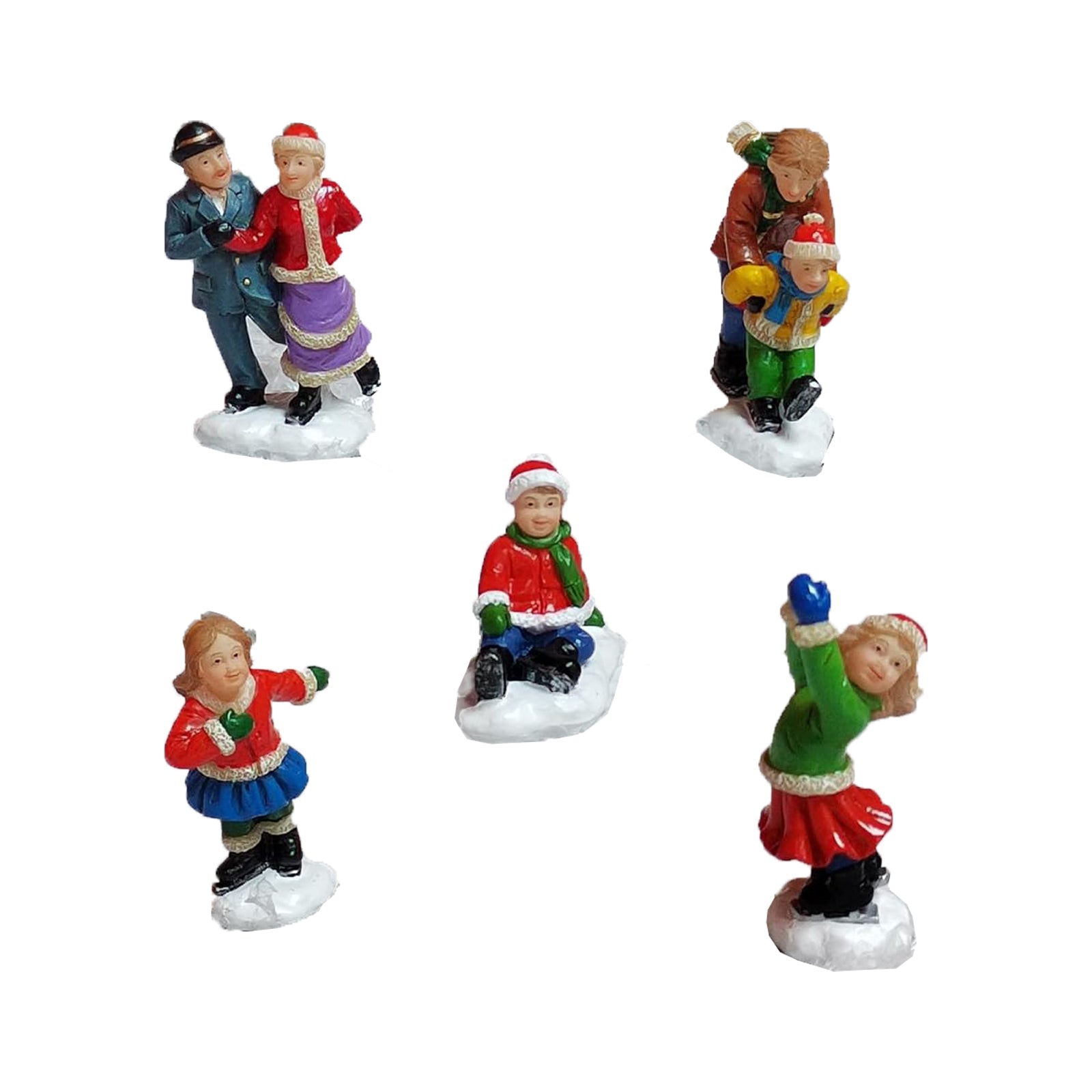 Set of 5 Hand-Painted Christmas Village Figurines Skiers