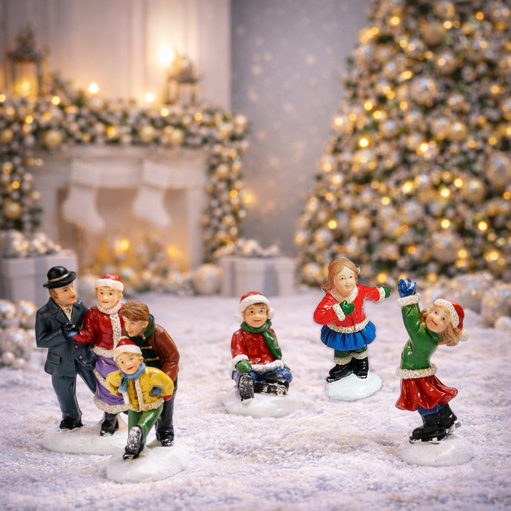 Set of 5 Hand-Painted Christmas Village Figurines Skiers