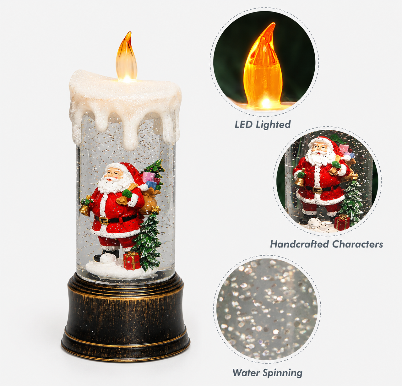 Snow Globe Candle with Santa Lighted Water Spinning Christmas Décor