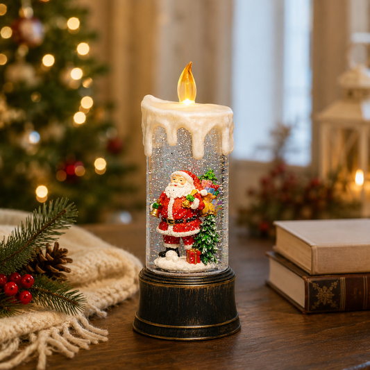 Snow Globe Candle with Santa Lighted Water Spinning Christmas Décor